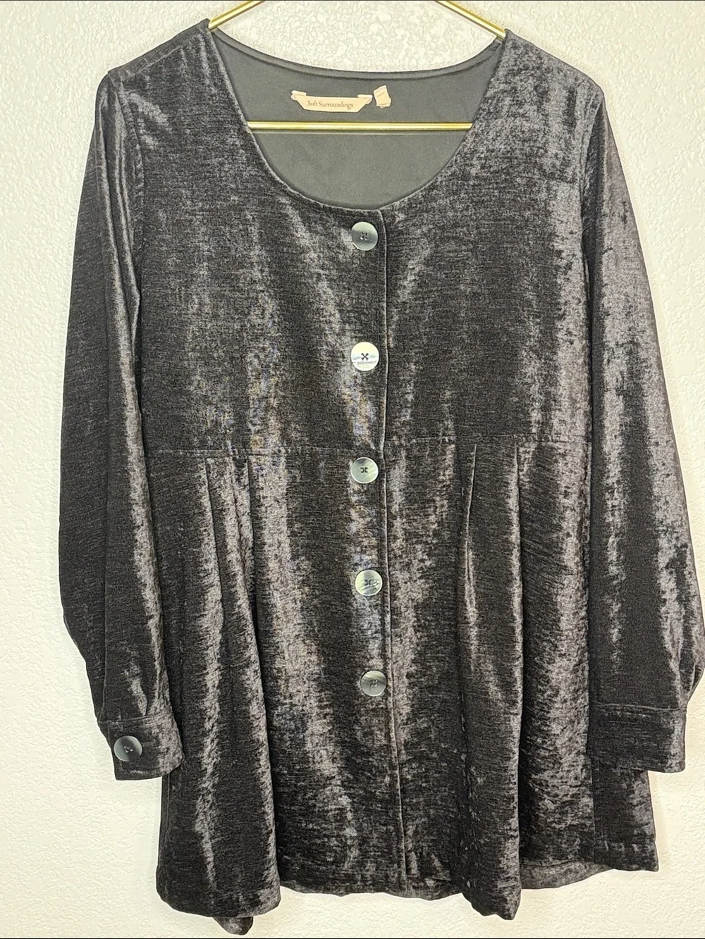 Soft Surroundings Black Fiona Tunic Shirt Jacket Collarless Size Medium Witchy